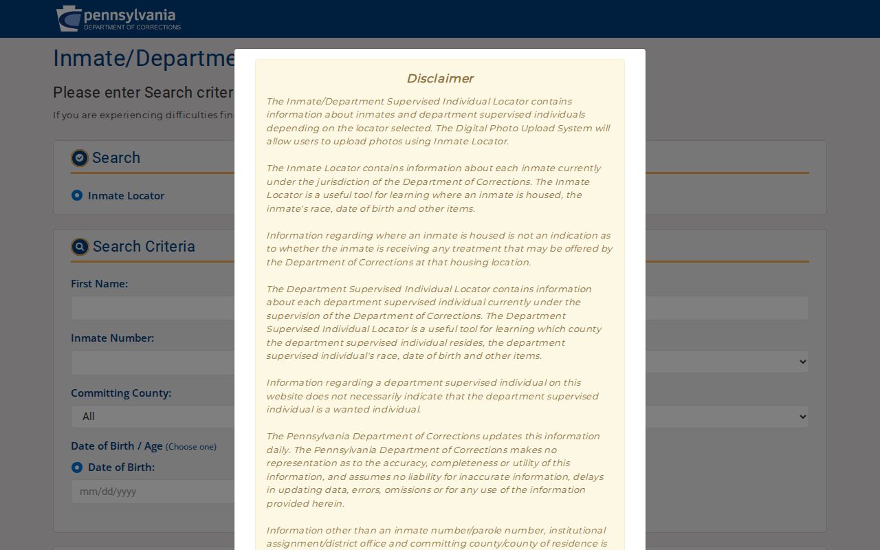 PA DOC locator controls for Carbon County released inmate records